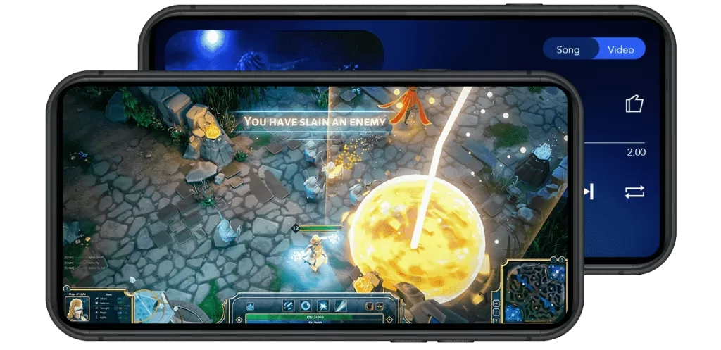 Two mobile phones. One displaying a video game and the other music.